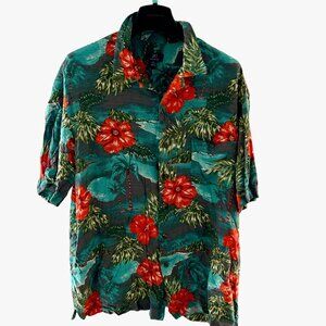 George Hawaiian Shirt Navy Green with Red Floral Size XL